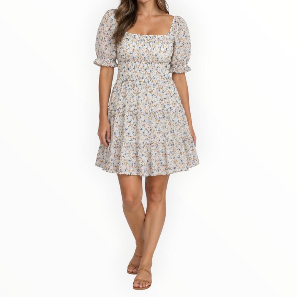 Blue Rain Francesca's Ivory Floral Smocked Tiered Cottagecore Mini Dress XL NWT